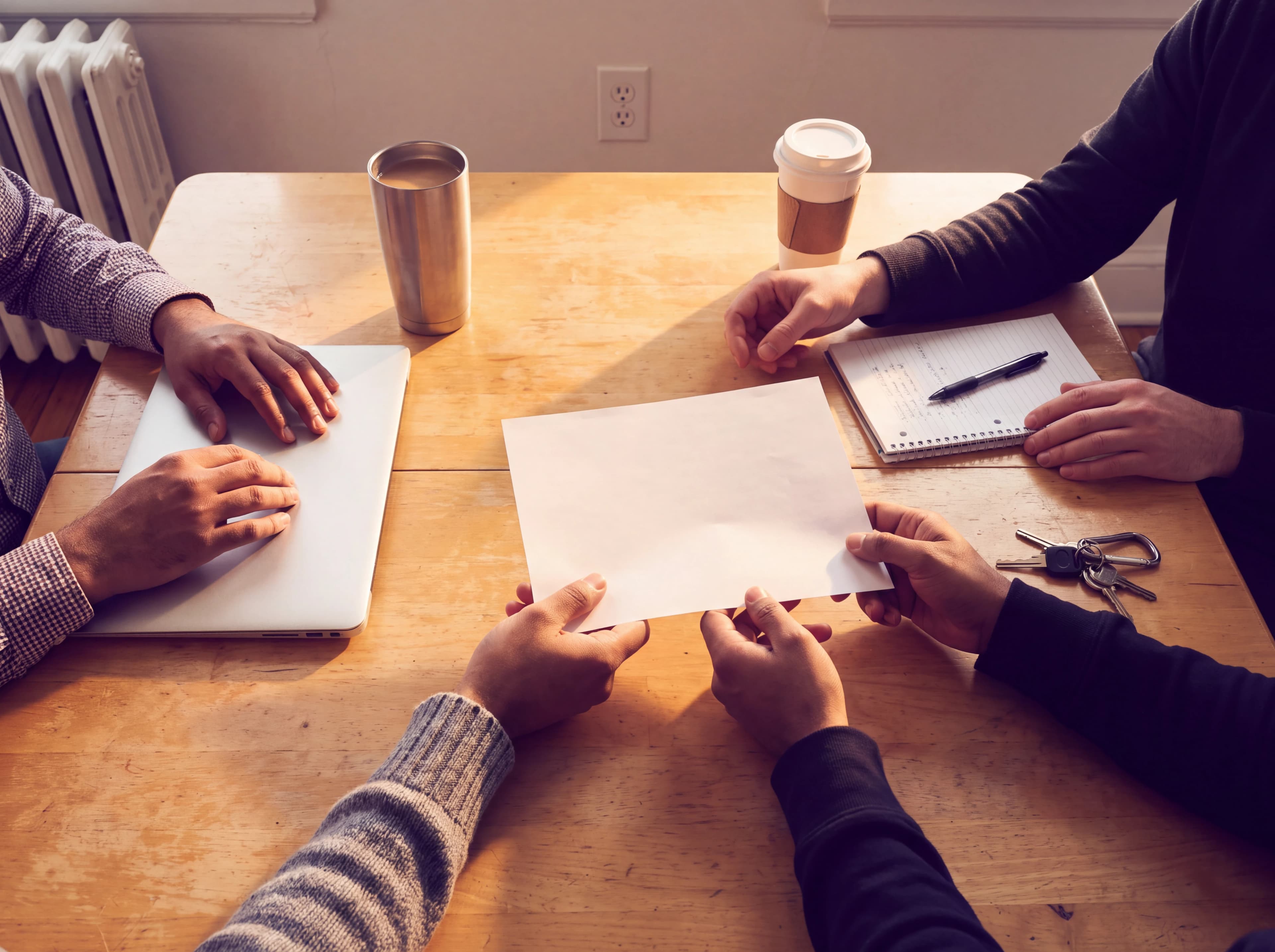 Several pairs of hands around a shared table, one passing a document to another over cups of chai.
