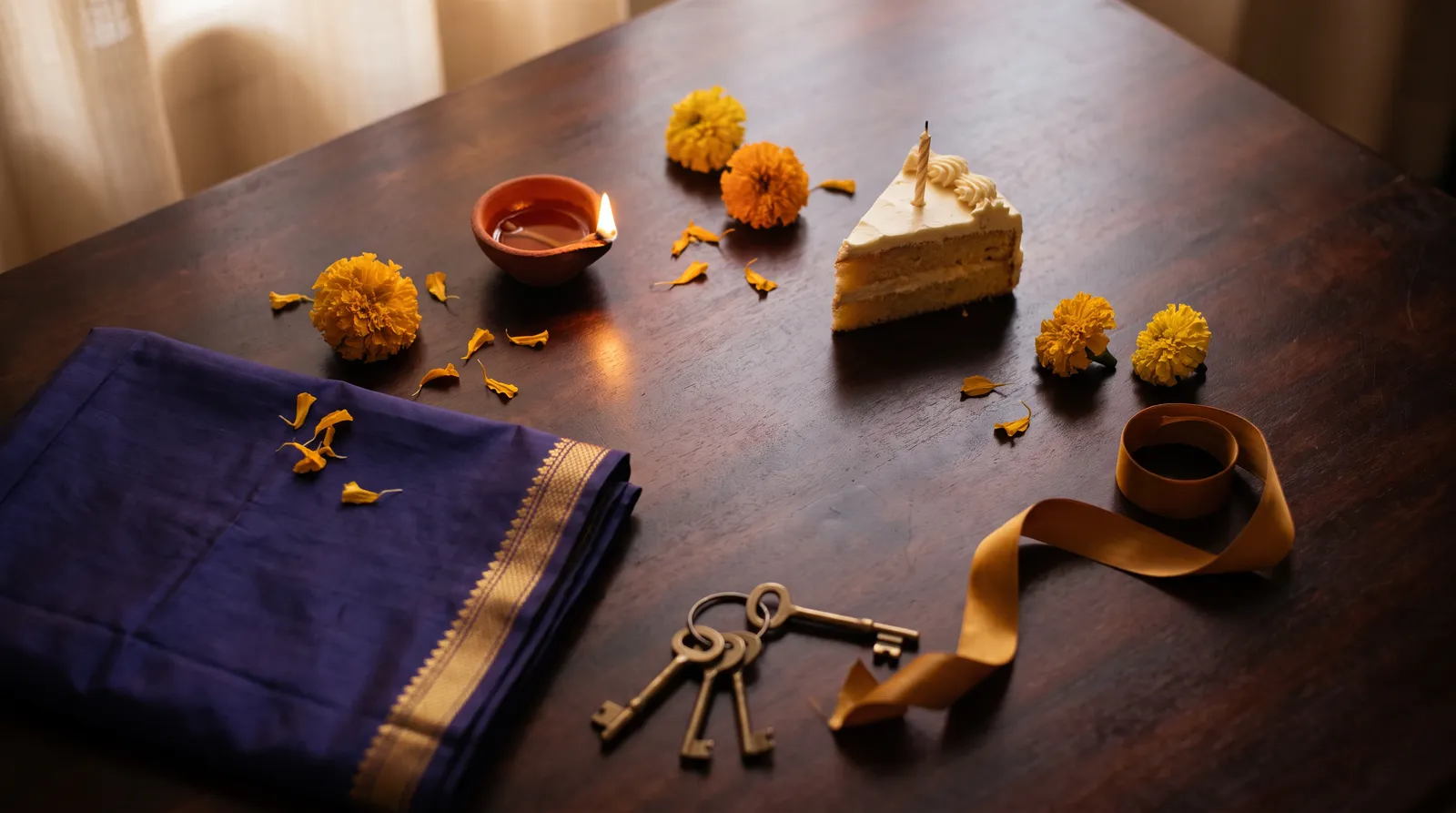 Five occasions laid out on one table: a folded silk sari for a wedding, a lit diya and marigolds for Diwali, a slice of birthday cake, brass keys for a new home, and a gold graduation ribbon.